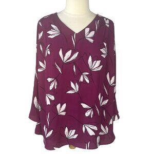 41 Hawthorn Womens Blouse Flare Sleeves Burgundy Floral Size 1X